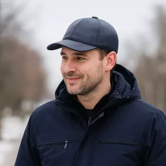 Granatowa skórzana bejsbolówka K227J ocieplana zimowa unisex Polar Fashion - 8