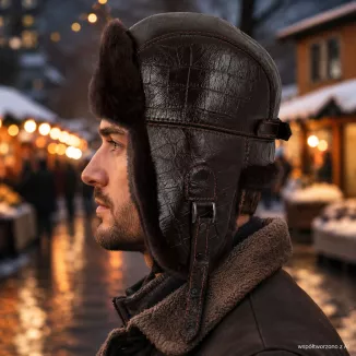 Czapka Zimowa Ocieplana Futerkiem Skórzana Pilotka Uszatka W532L Brązowa - 6