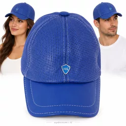 Czapka Bejsbolówka Skórzana Niebieska Kobaltowa Perforowana Unisex K319F