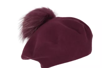 Bordowy beret damski z odpinanym naturalnym pomponem – Polar Fashion W503J - 3