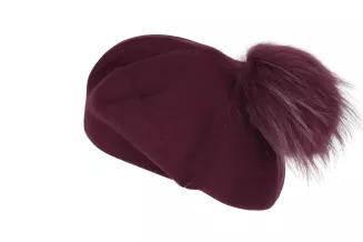 Bordowy beret damski z odpinanym naturalnym pomponem – Polar Fashion W503J - 5