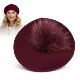 Bordowy beret damski z odpinanym naturalnym pomponem – Polar Fashion W503J