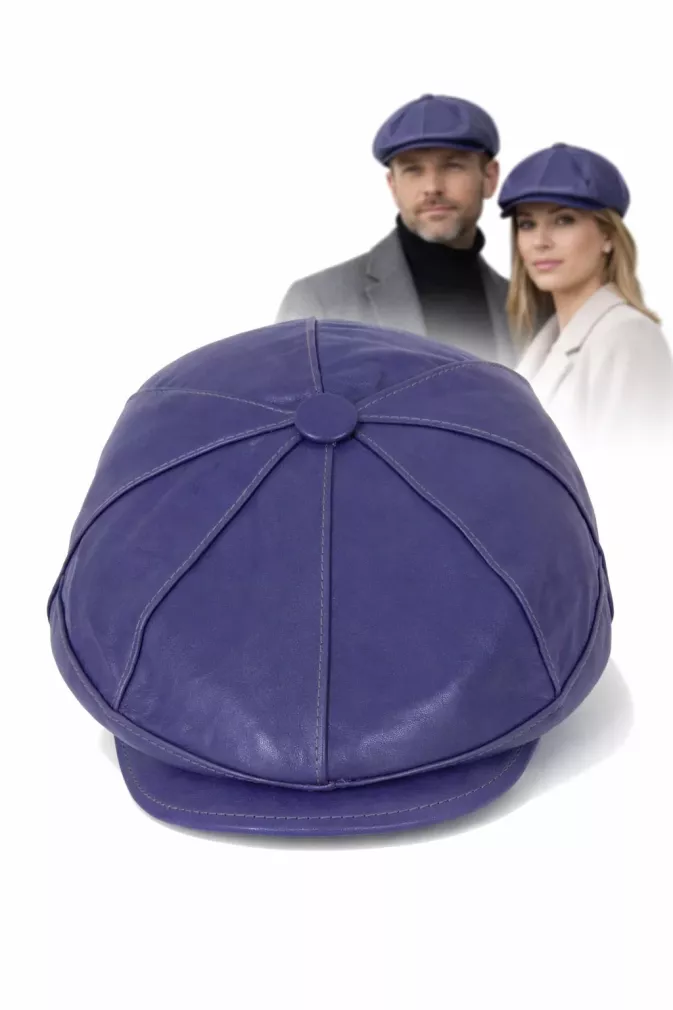 Skórzany kaszkiet Polar Fashion K233H – fioletowo-niebieski unisex z ociepleniem