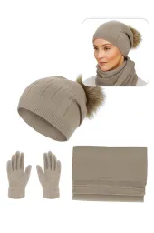 Elegancki Beżowy Komplet Zimowy Polar Fashion W455B Czapka Szalik Rękawiczki