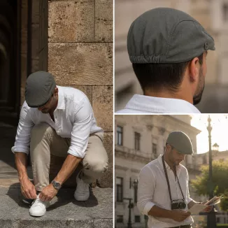 Kaszkiet K212F oliwkowy lniany flat cap lekki przewiewny casual styl lato - 4