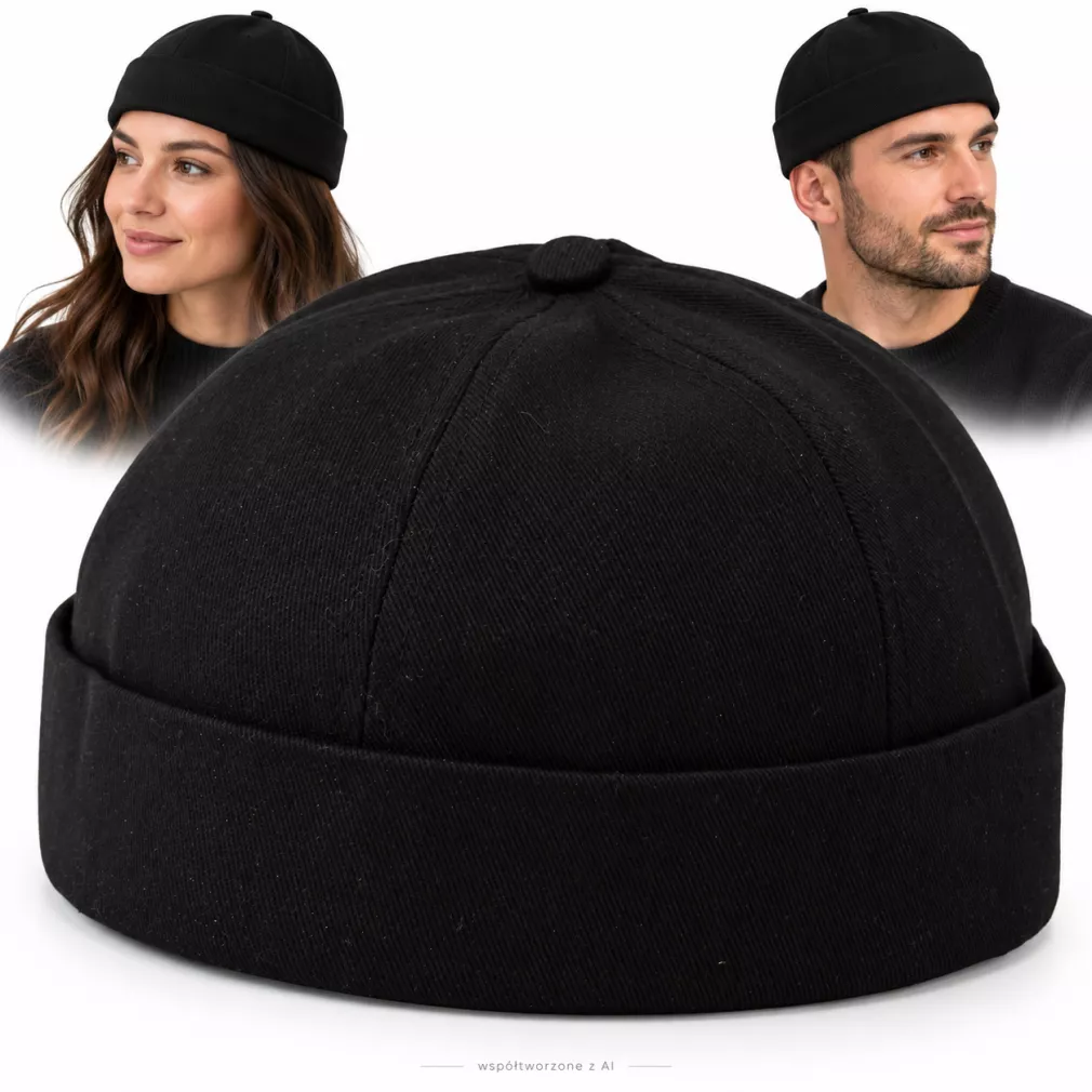 Czapka Bez Daszka Dokerka Leonka Fisherman Bawełniana Czarna Unisex K263J