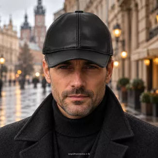 Czapka z Daszkiem Męska Skórzana Czarna Zimowa Bejsbolówka Nauszniki K320F - 2