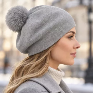 Beret Damski Szary z Dużym Pomponem ze Sztucznego Futra Polar Fashion W537C - 3