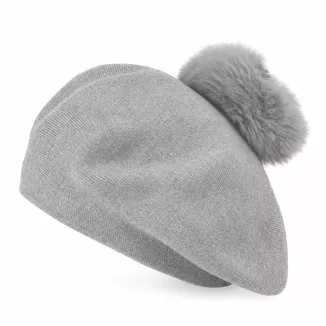 Beret Damski Szary z Dużym Pomponem ze Sztucznego Futra Polar Fashion W537C - 5