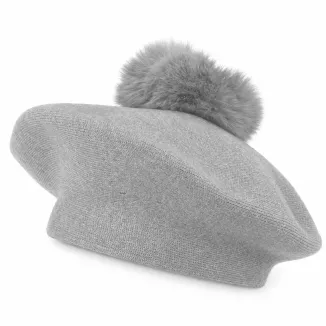 Beret Damski Szary z Dużym Pomponem ze Sztucznego Futra Polar Fashion W537C - 7