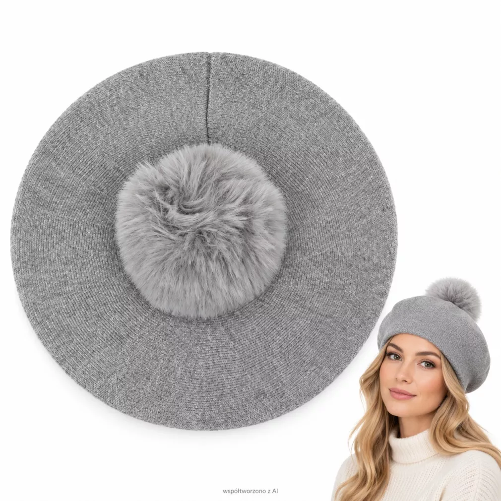 Beret Damski Szary z Dużym Pomponem ze Sztucznego Futra Polar Fashion W537C