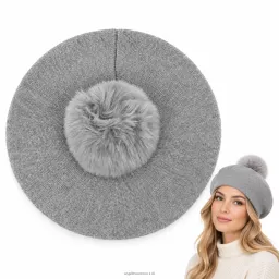 Beret Damski Szary z Dużym Pomponem ze Sztucznego Futra Polar Fashion W537C