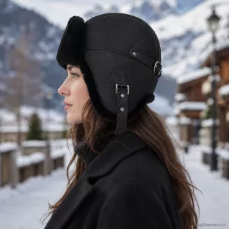 Unisex Czarna Czapka Zimowa Skórzana Pilotka Uszatka Ocieplana Futerkiem W533D - 5
