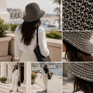 Kapelusz Damski Słomkowy R257C Melanż Czarny Beż Bucket Hat Boho Premium - 4