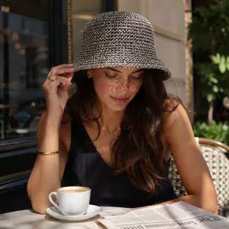 Kapelusz Damski Słomkowy R257C Melanż Czarny Beż Bucket Hat Boho Premium - 7