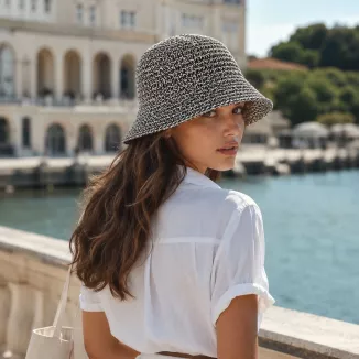 Kapelusz Damski Słomkowy R257C Melanż Czarny Beż Bucket Hat Boho Premium - 2