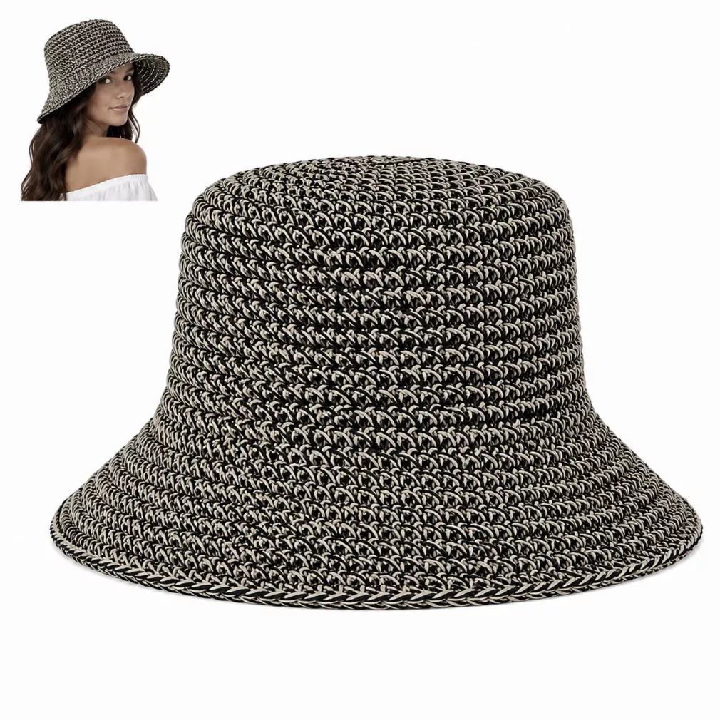 Kapelusz Damski Słomkowy R257C Melanż Czarny Beż Bucket Hat Boho Premium