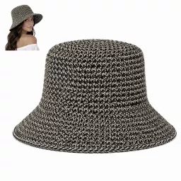 Kapelusz Damski Słomkowy R257C Melanż Czarny Beż Bucket Hat Boho Premium
