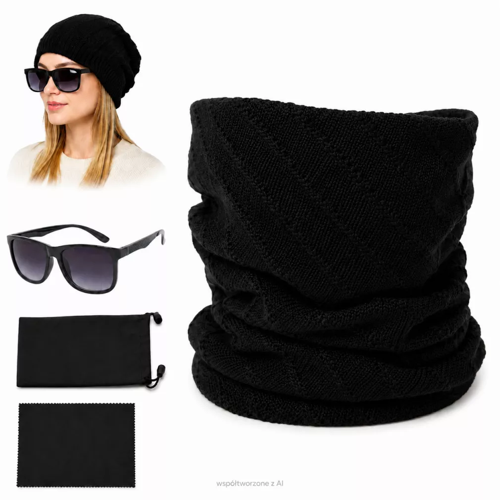 Damski Zimowy Komin Czapka 2w1 Czarny Dzianinowy + Okulary H302 UV400 W327CC