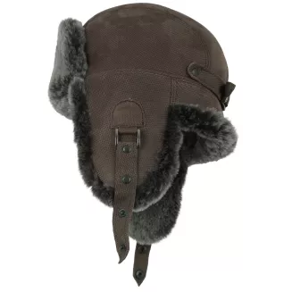 Unisex Brązowa Czapka Zimowa Skórzana Pilotka Uszatka Grafitowe Futerko W533B - 4