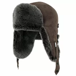 Unisex Brązowa Czapka Zimowa Skórzana Pilotka Uszatka Grafitowe Futerko W533B - 6