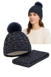 Komplet damski W364CK granat modna czapka ocieplana i szalik Polar Fashion