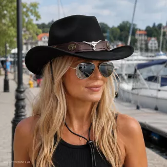 Zestaw Czarny kapelusz kowbojski okulary pilotki western unisex Polar R259H - 3