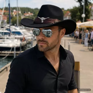 Zestaw Czarny kapelusz kowbojski okulary pilotki western unisex Polar R259H - 9