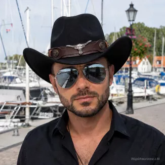 Zestaw Czarny kapelusz kowbojski okulary pilotki western unisex Polar R259H - 10