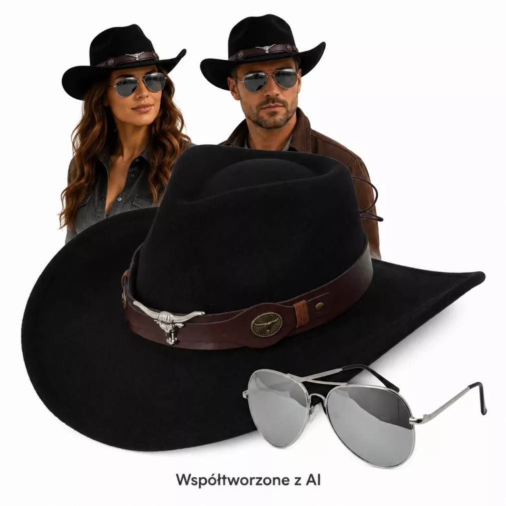 Zestaw Czarny kapelusz kowbojski okulary pilotki western unisex Polar R259H