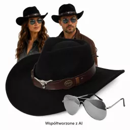 Zestaw Czarny kapelusz kowbojski okulary pilotki western unisex Polar R259H