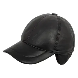 K207N Czarna Skórzana czapka bejsbolówka z osłoną karku i uszu