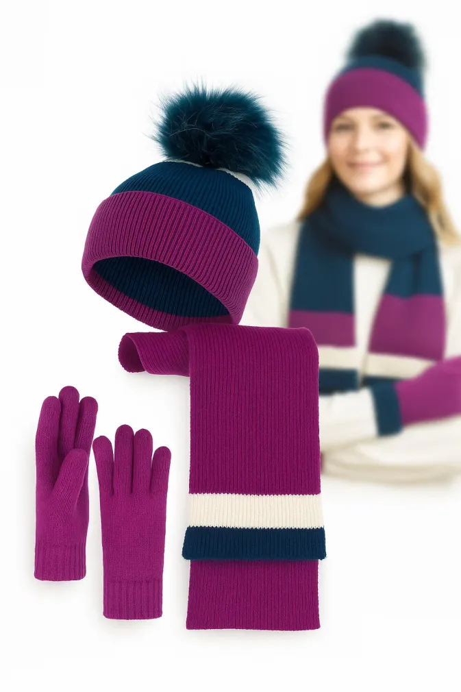 Damski Komplet Zimowy Polar Fashion W453G – Różowo-Morski 3-częściowy