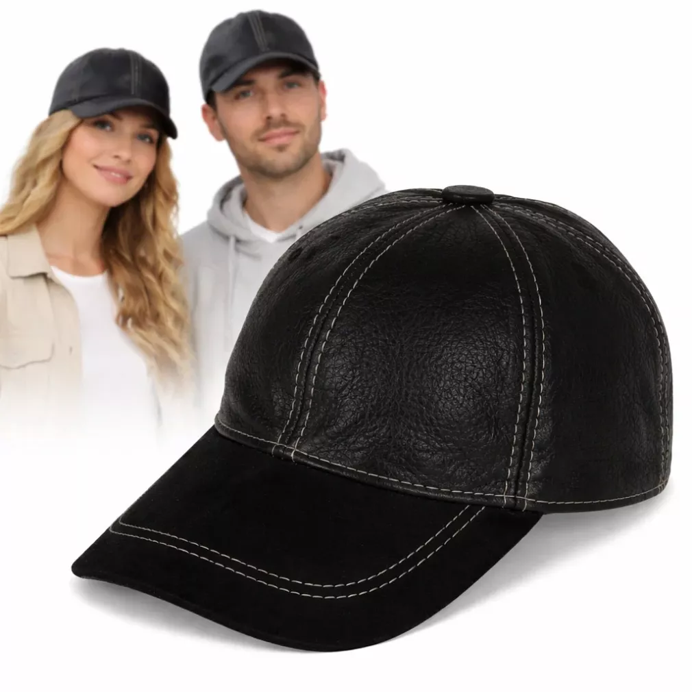 Ocieplana Czarna skórzana bejsbolówka UNISEX z regulacją Polar Fashion K207R