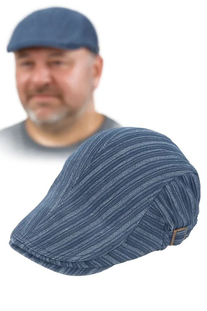 Niebieski Prążkowany Kaszkiet Męski Bawełniany Regulacja K194A PolarFashion
