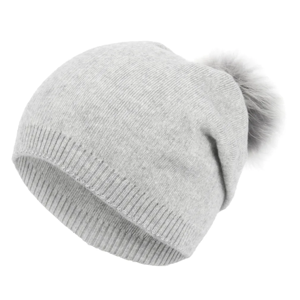 W317B Szara Polar Fashion czapka zimowa beanie wykonana z kaszmiru bawełny pompon z jenota