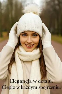 Damski Komplet Zimowy Polar Fashion W454A Ecru Czapka Szalik Rękawiczki - 9