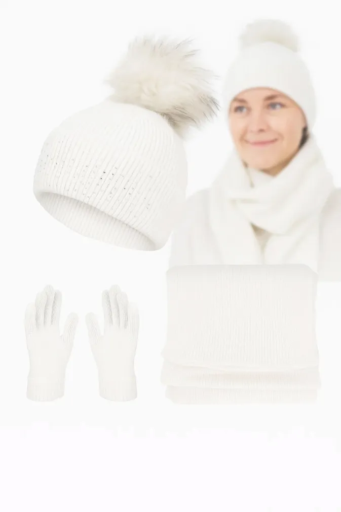 Damski Komplet Zimowy Polar Fashion W454A Ecru Czapka Szalik Rękawiczki