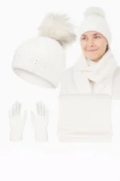 Damski Komplet Zimowy Polar Fashion W454A Ecru Czapka Szalik Rękawiczki