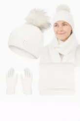 Damski Komplet Zimowy Polar Fashion W454A Ecru Czapka Szalik Rękawiczki