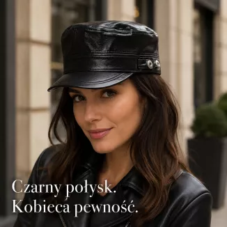 CZAPKA PATROLÓWKA CZARNA Z DASZKIEM UNISEKS BŁYSZCZĄCA EKO SKÓRA K36C - 2