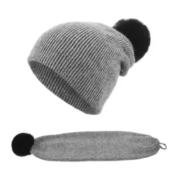 W368F Black Polar Fashion Winter Hat With Cashmere Scarf 2-In-1