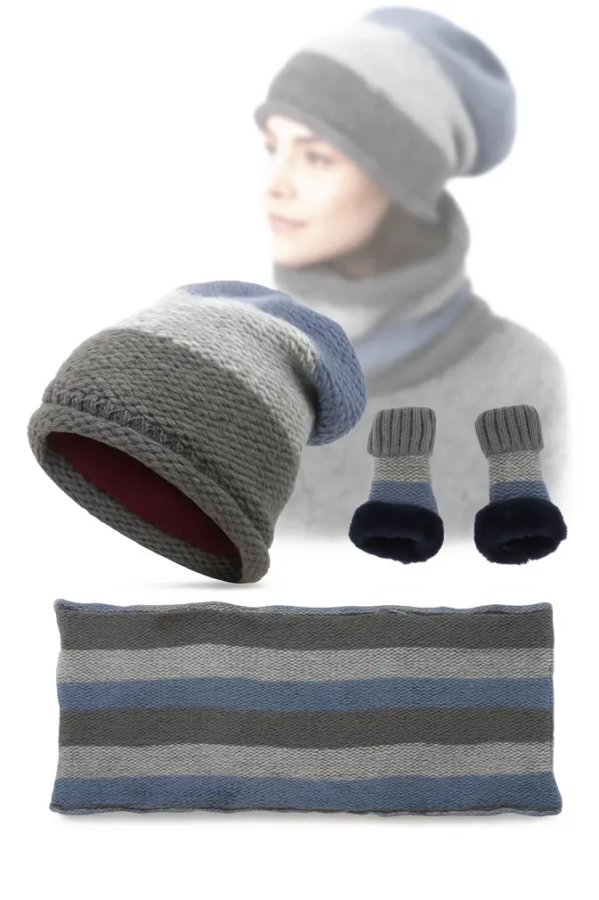 Damski Komplet Zimowy W375DK Niebiesko-Szary Polar Fashion