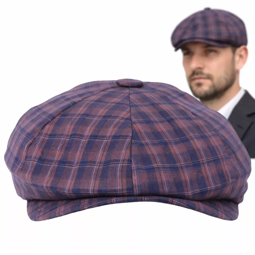 Bawełniany Kaszkiet męski Peaky Blinders krata bordowo granatowa K303E