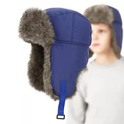 Czapka uszatka W232i niebiesko-szara zimowa dziecięca ciepła Pilotka