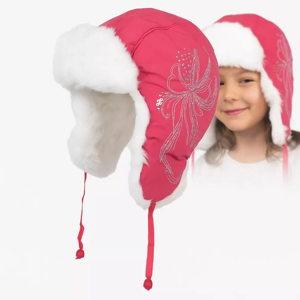 Różowa Ciepła dziecięca czapka uszatka Zimowa pilotka W146C