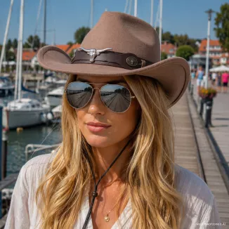 KAPELUSZ KOWBOJSKI TAUPE JASNY BRĄZ + OKULARY PILOTKI ZESTAW UNISEX R260F - 6