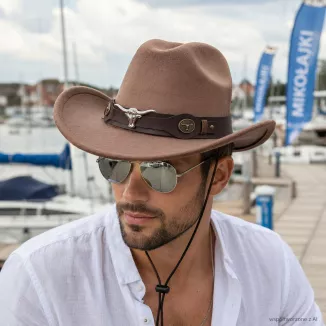 KAPELUSZ KOWBOJSKI TAUPE JASNY BRĄZ + OKULARY PILOTKI ZESTAW UNISEX R260F - 3