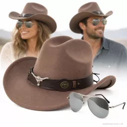 KAPELUSZ KOWBOJSKI TAUPE JASNY BRĄZ + OKULARY PILOTKI ZESTAW UNISEX R260F