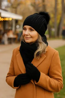 Czarny Komplet Dzianinowy z Kaszmirem Czapka Szalik Rękawiczki Polar Fashion - 9